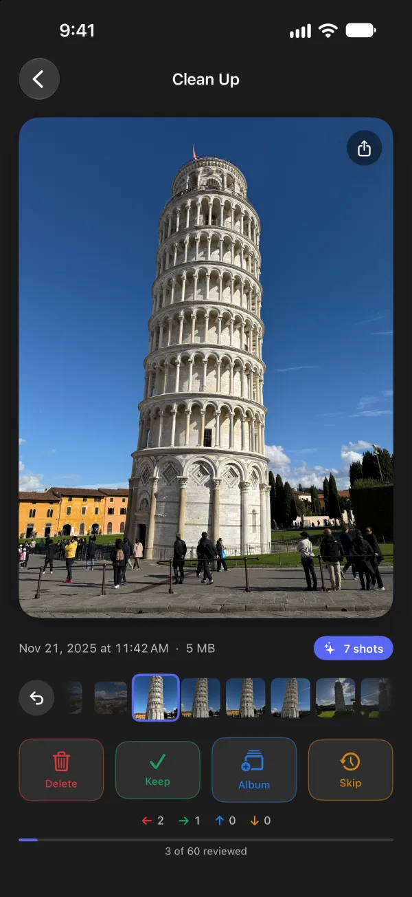 Swipeful sorting a photo of the Leaning Tower of Pisa, with its four action buttons and a strip of the shots taken around it