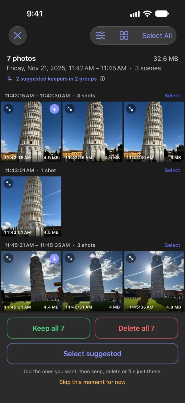 Seven shots of the Leaning Tower of Pisa as a grid, grouped by scene, with the best of each group marked as a suggested keeper
