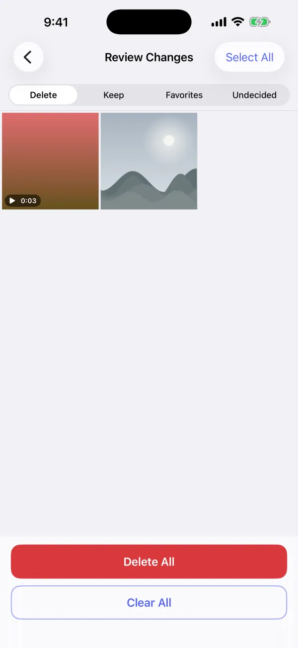 The Review Changes screen, with photos marked for deletion and Delete All and Clear All buttons