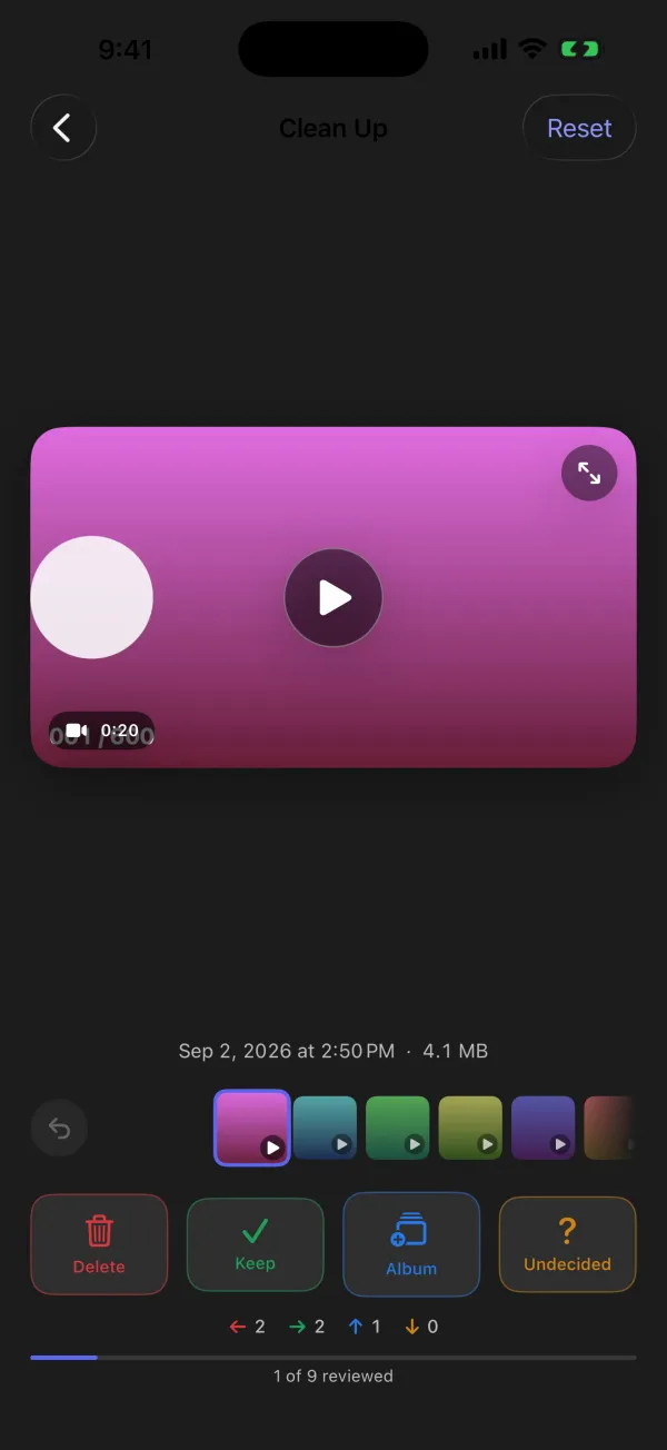 A video playing on the Swipeful card, showing its length and file size