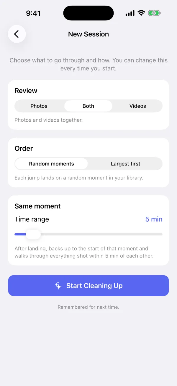 The New Session screen: review photos, videos or both, in random moments or largest first