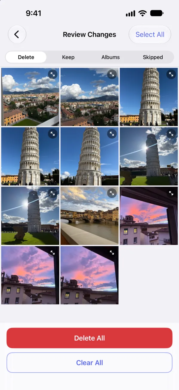 The Review Changes screen, with travel photos marked for deletion and Delete All and Clear All buttons